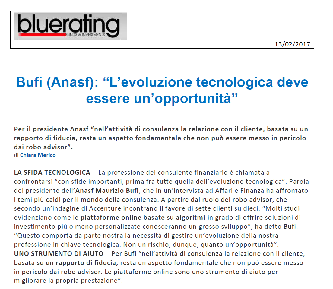 Bufi (Anasf): “L’evoluzione tecnologica deve essere un’opportunità”