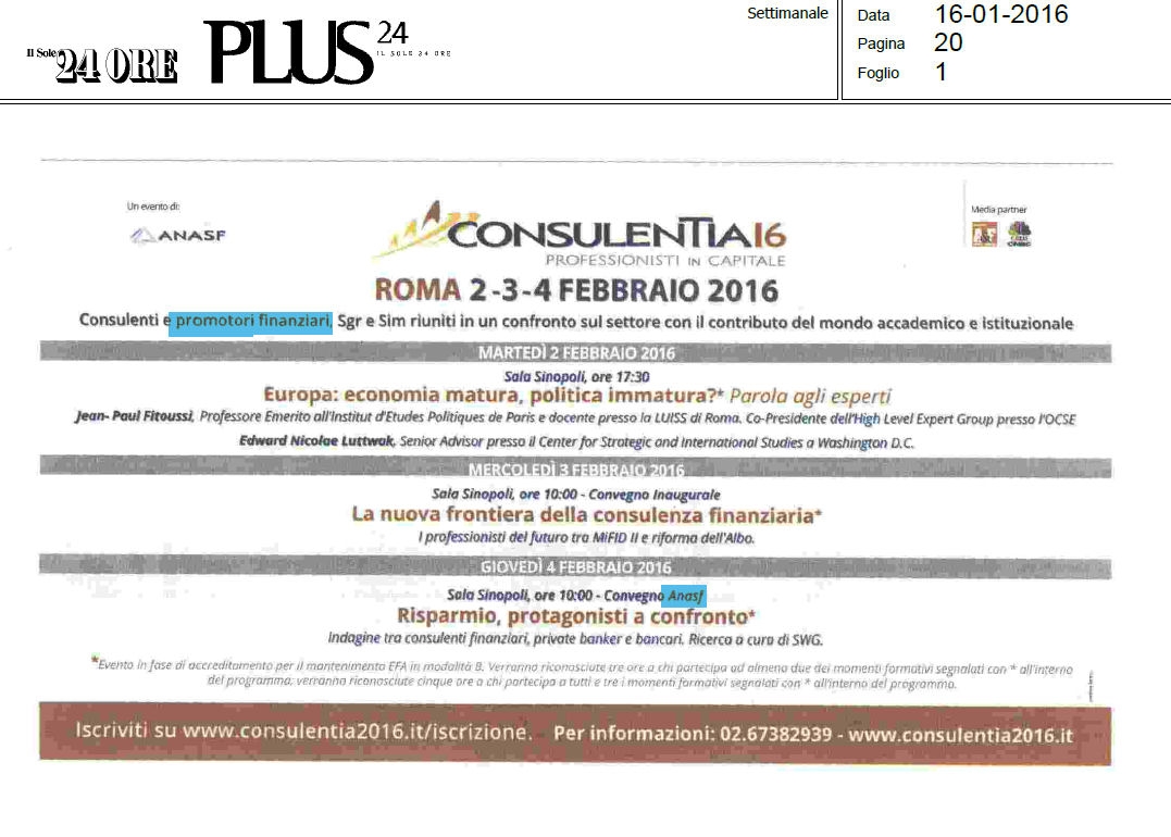 La pubblicità di Consulentia 2016 è su Plus24