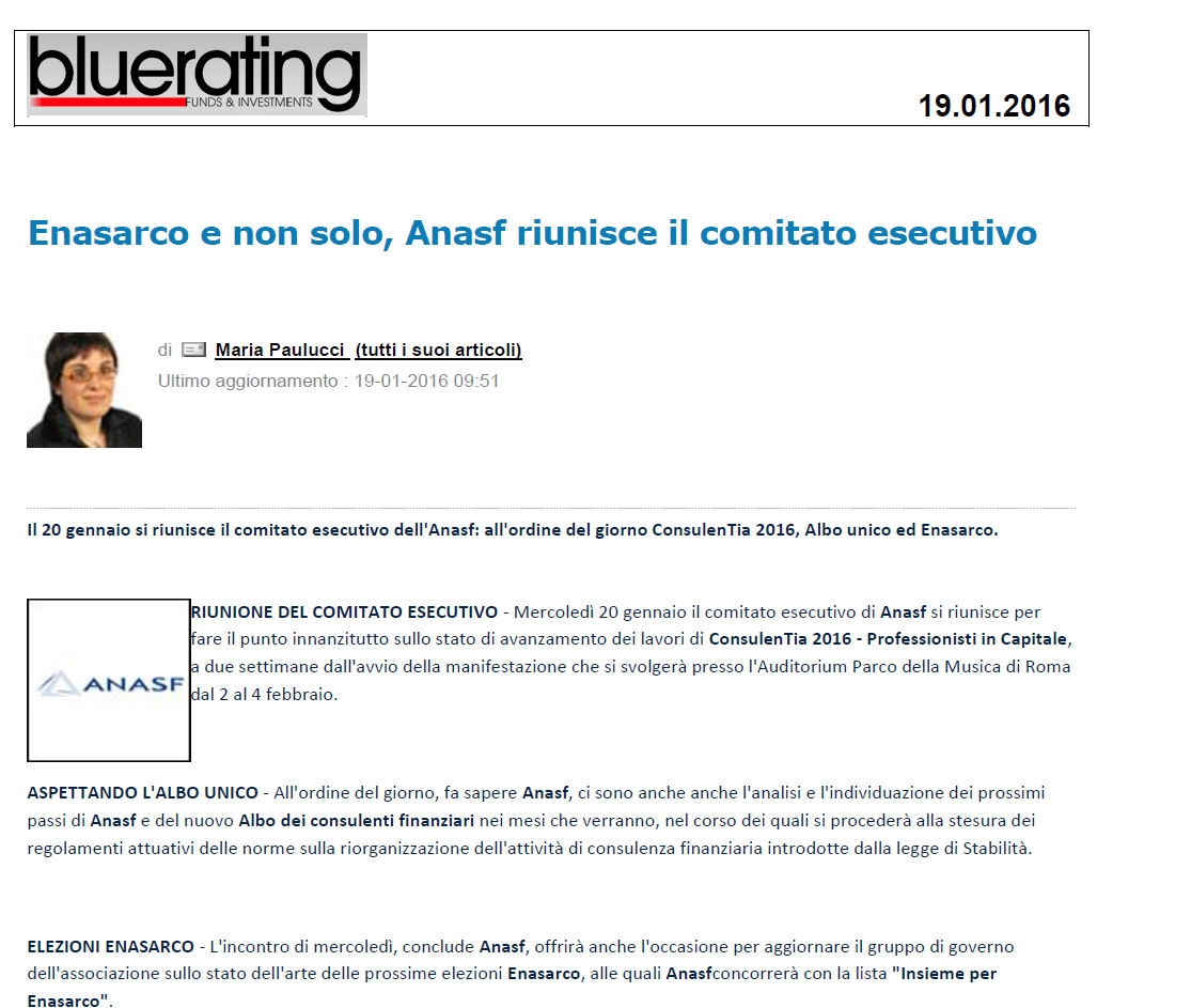 Enasarco e non solo, Anasf riunisce il comitato esecutivo