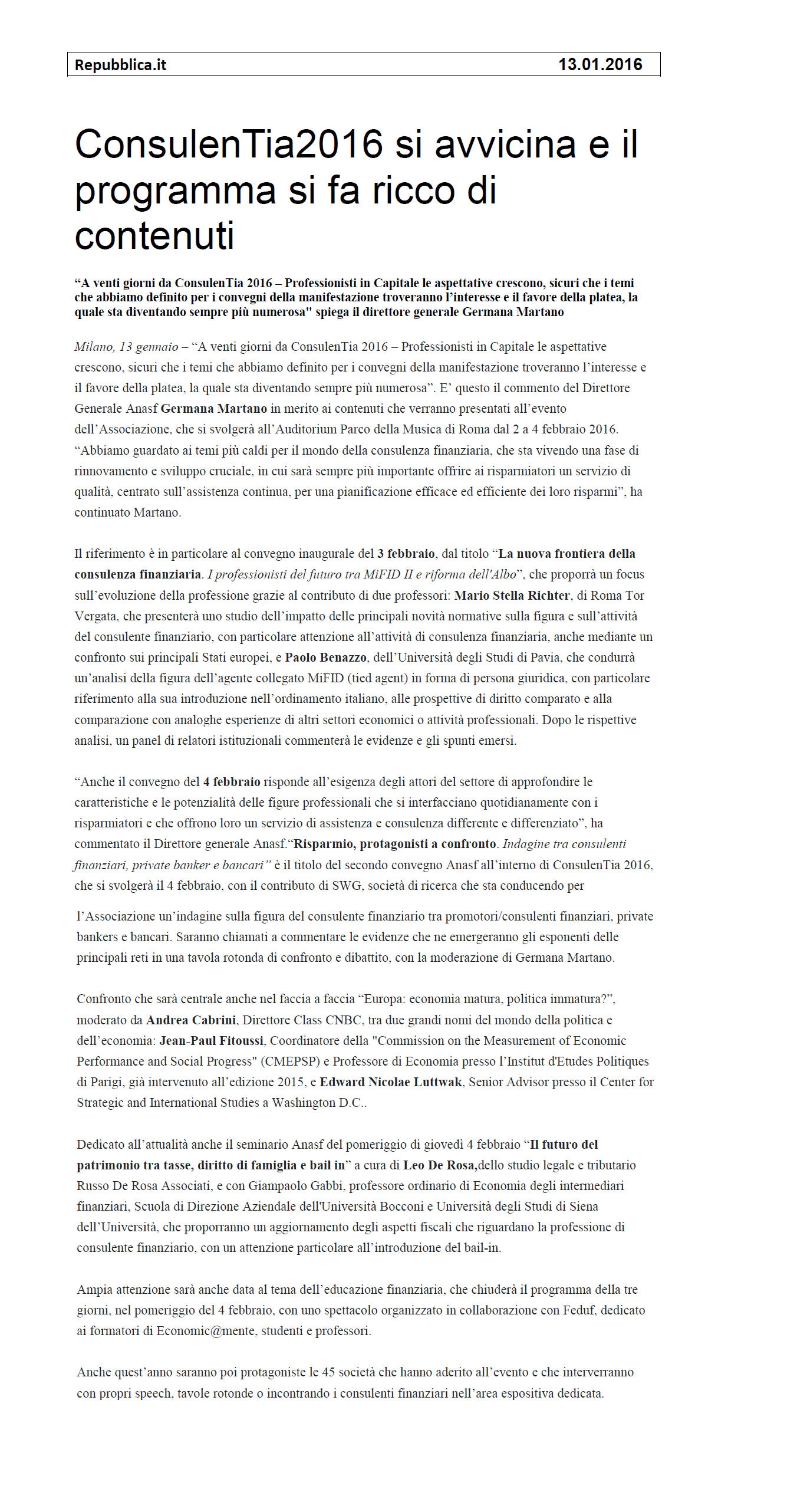 ConsulenTia si avvicina e il programma si fa ricco di contenuti
