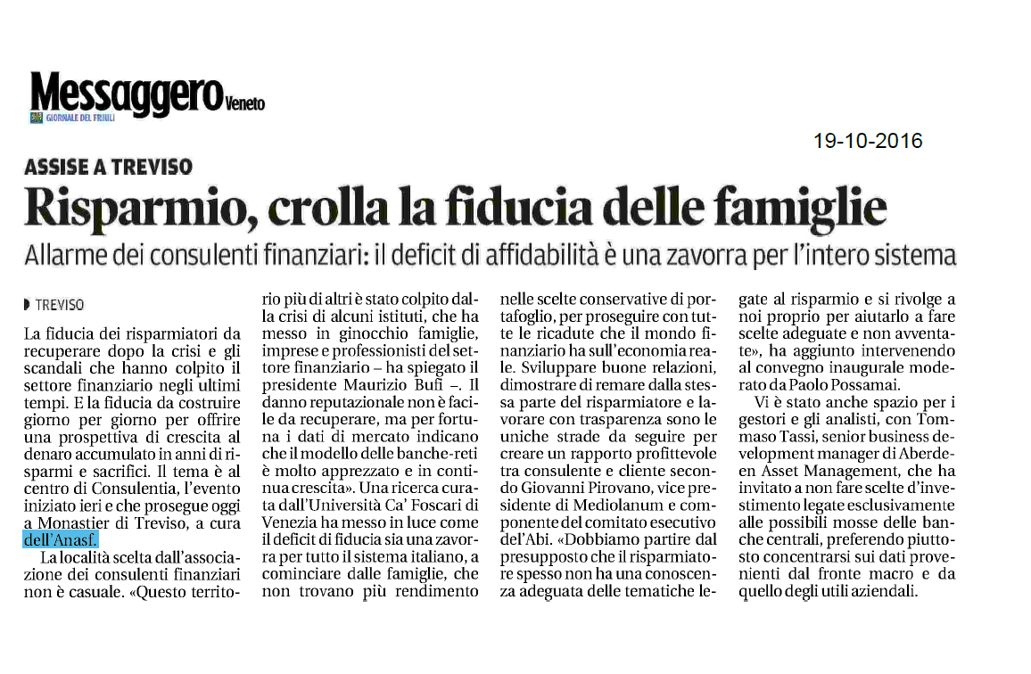 Risparmio, crolla la fiducia delle famiglie