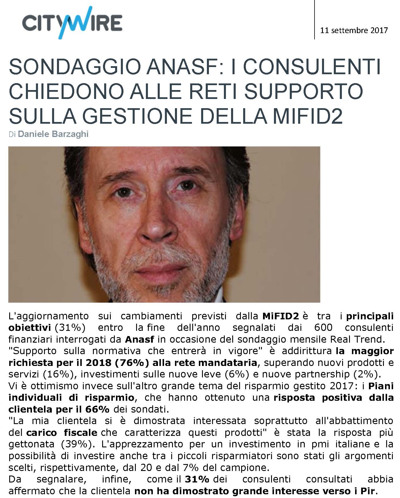 Sondaggio Anasf: i consulenti chiedono alle reti supporto sulla gestione della MIFID 2