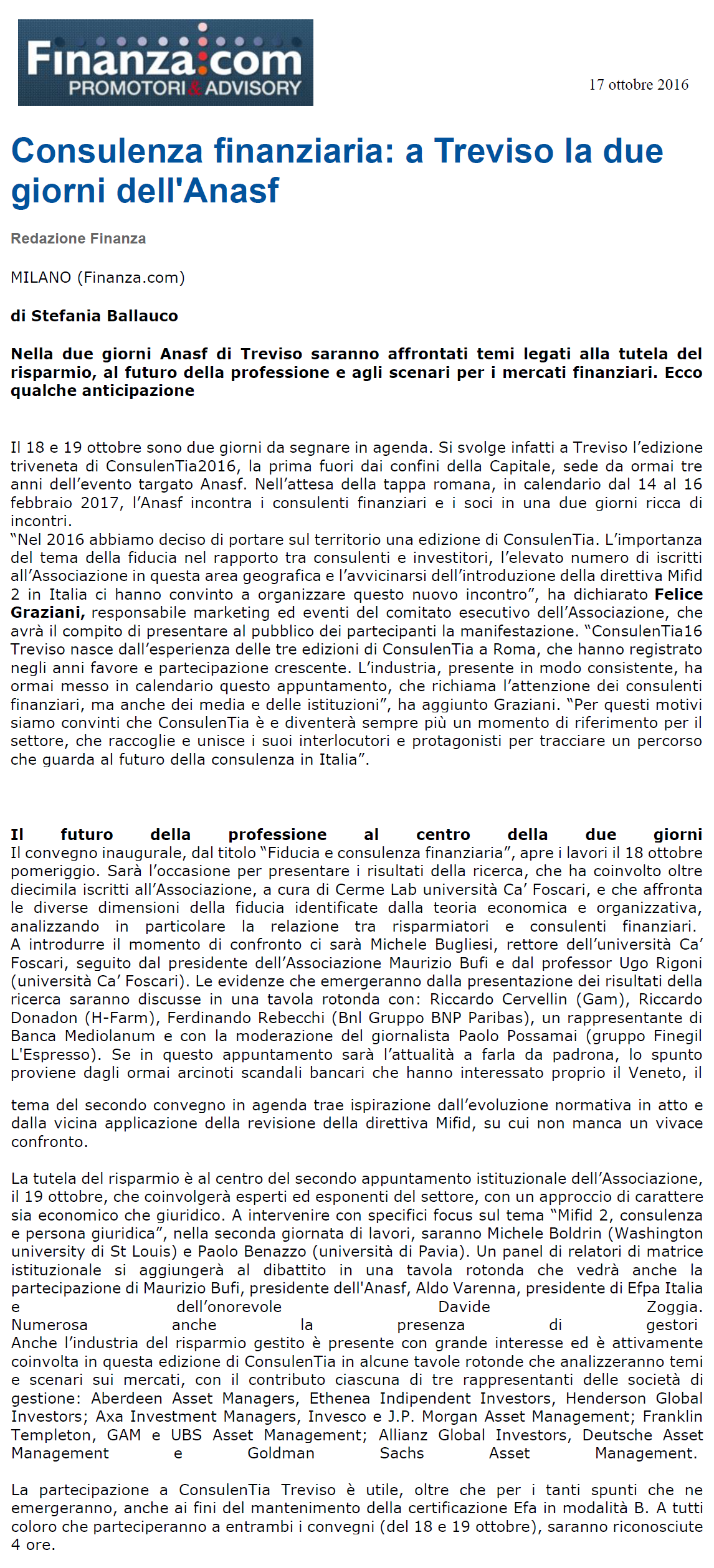 Consulenza finanziaria: a Treviso la due giorni dell'Anasf