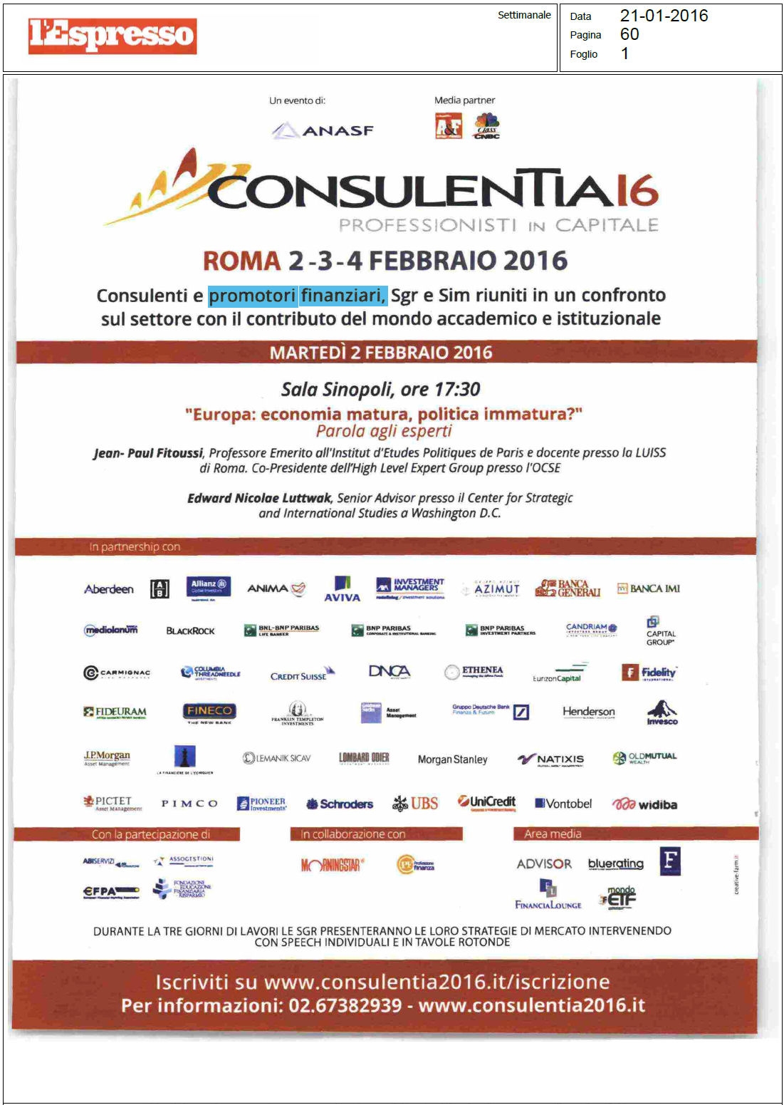 Consulentia 2016 è su l'Espresso di gennaio