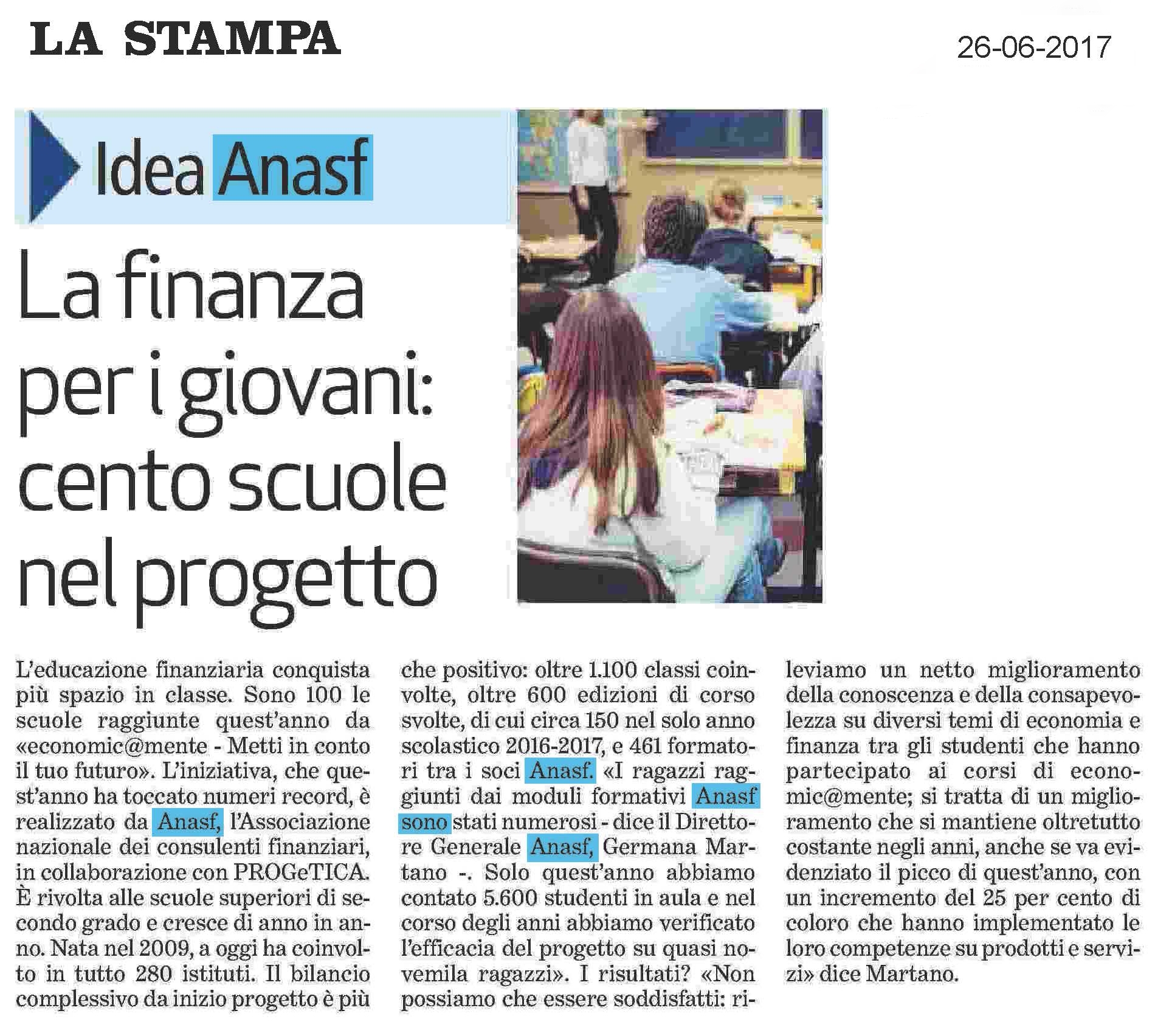 La finanza per i giovani: cento scuole nel progetto