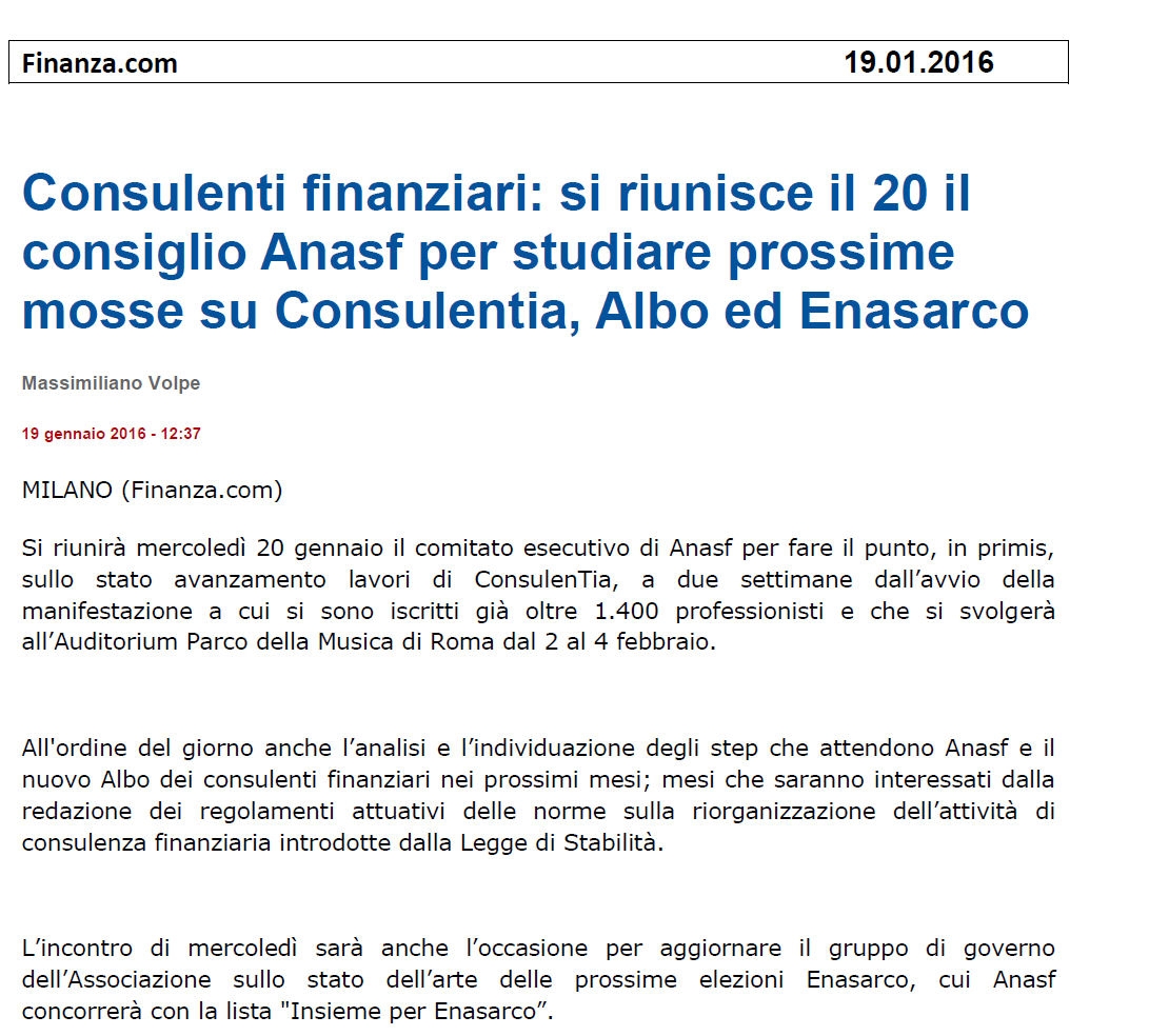 Consulenti finanziari: si riunisce il 20 il consiglio Anasf 