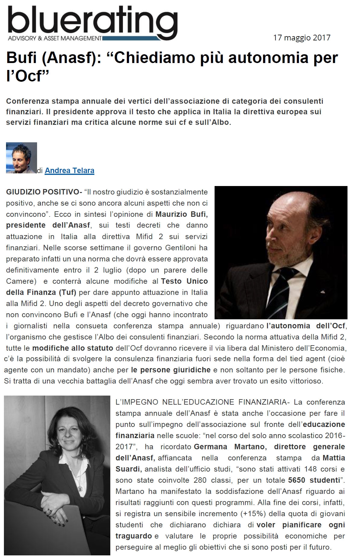 Bufi, chiediamo più autonomia per l'Ocf