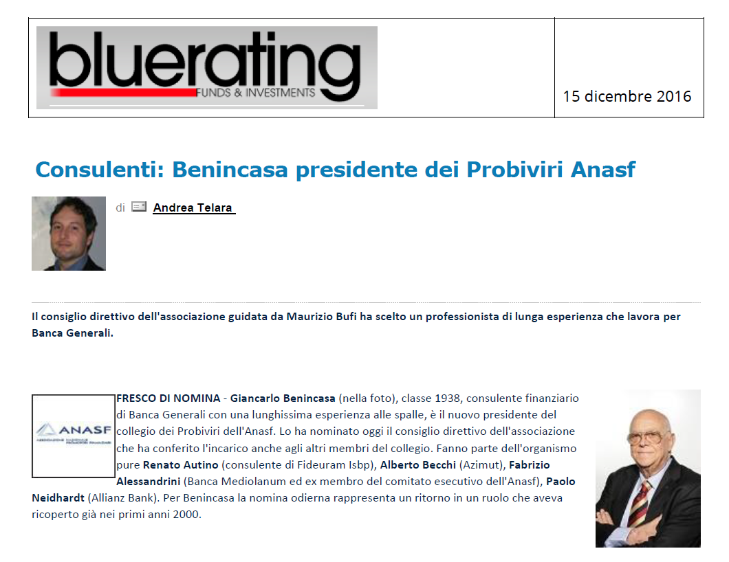 Consulenti: Benincasa presidente dei Probiviri Anasf