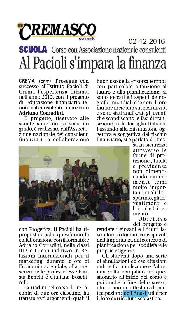 A scuola con l'Associazione dei consulenti finanziari