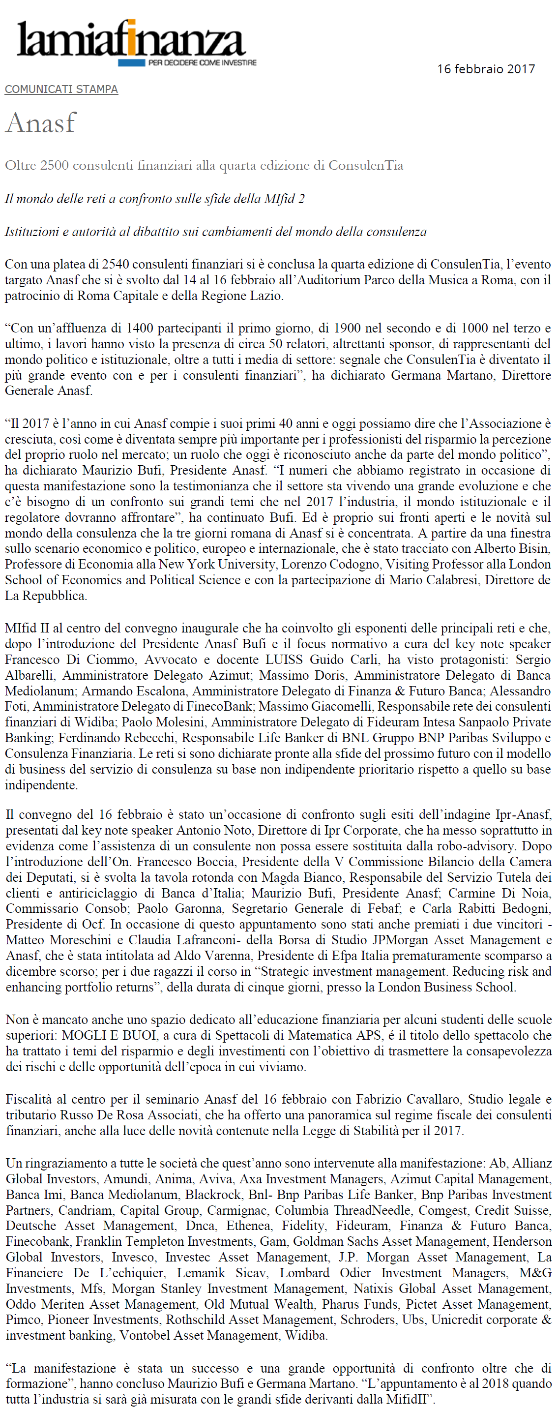 Anasf, oltre 2500 consulenti finanziari alla quarta edizione di ConsulenTia