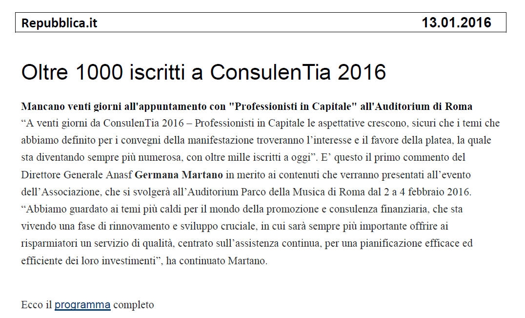 Oltre 1000 iscritti a ConsulenTia 2016