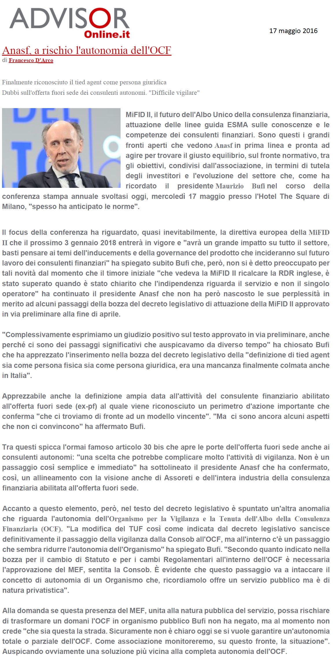 Anasf, a rischio l'autonomia dell'OCF
