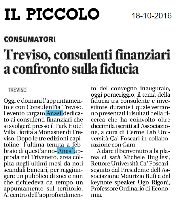 Treviso, consulenti finanziari a confronto sulla fiducia
