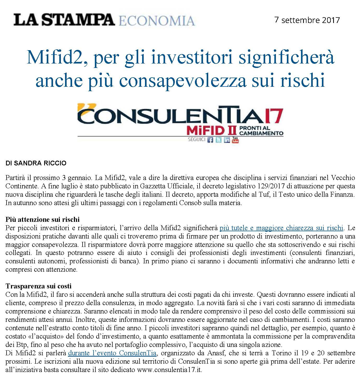  Mifid2, per gli investitori significher&agrave; anche pi&ugrave; consapevolezza sui rischi